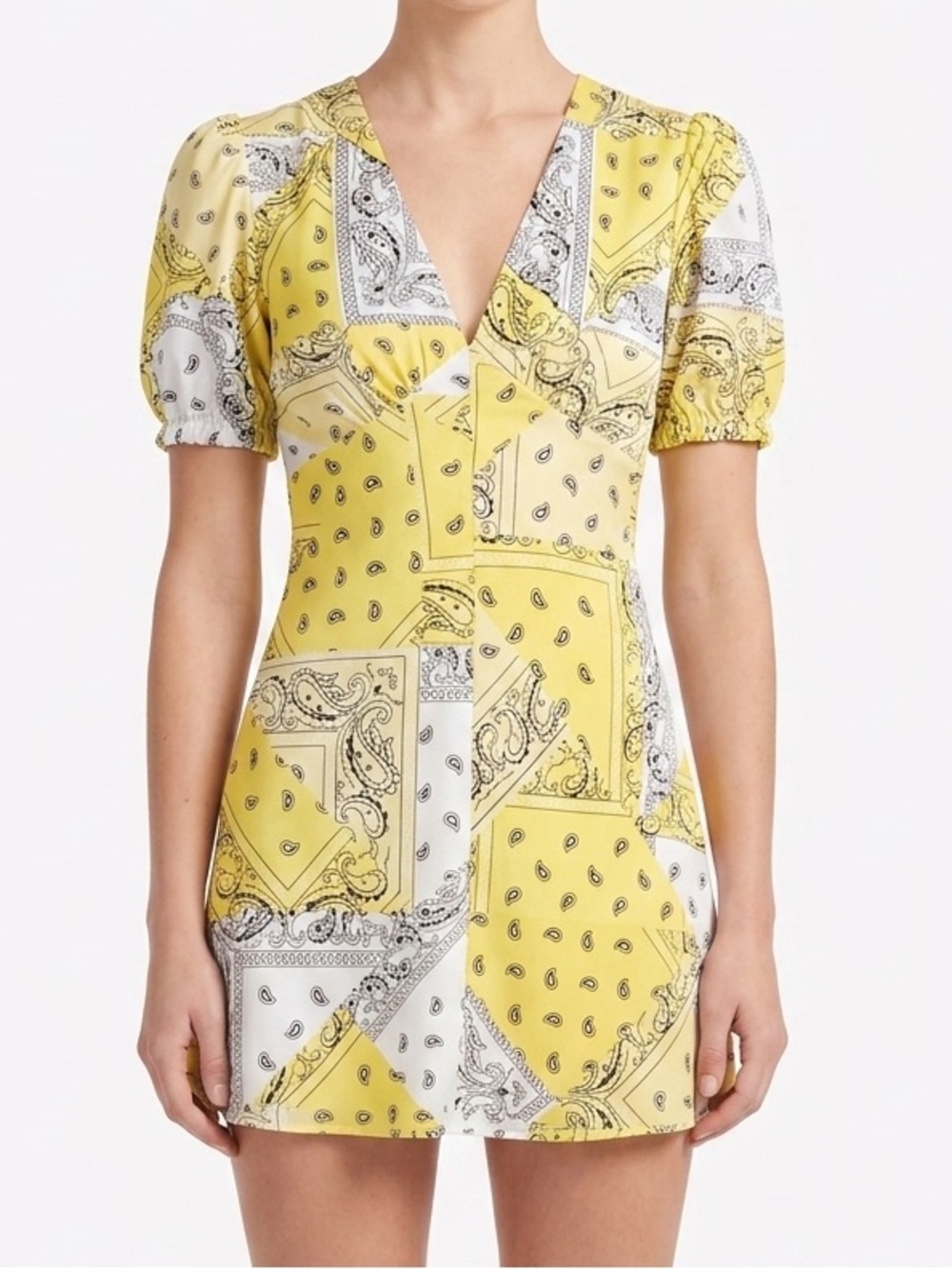 STAUD Milla Paisley Yellow & White Bandana-Print Mini Dress 6